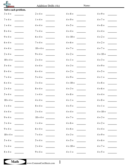Math Drills Worksheets - 4s (horizontal) worksheet